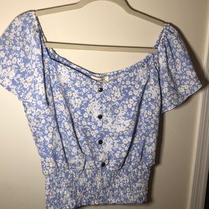 Blue, White and Yellow buttoned crop top